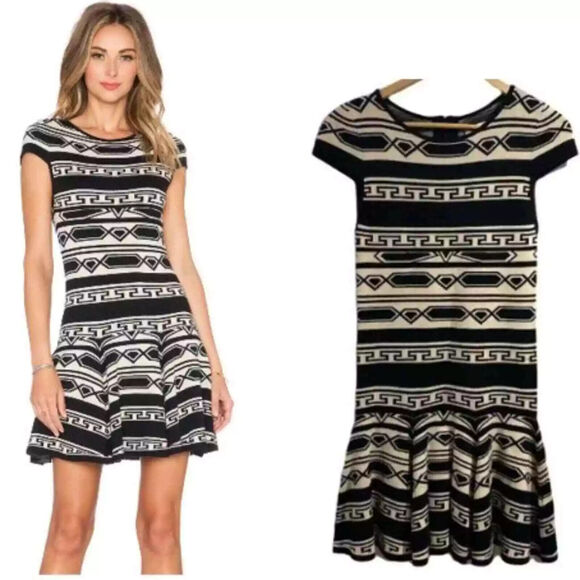 Alice + Olivia Black & Cream Aztec Darby Drop Waist Knit Sweater Dress Size S - Picture 1 of 10